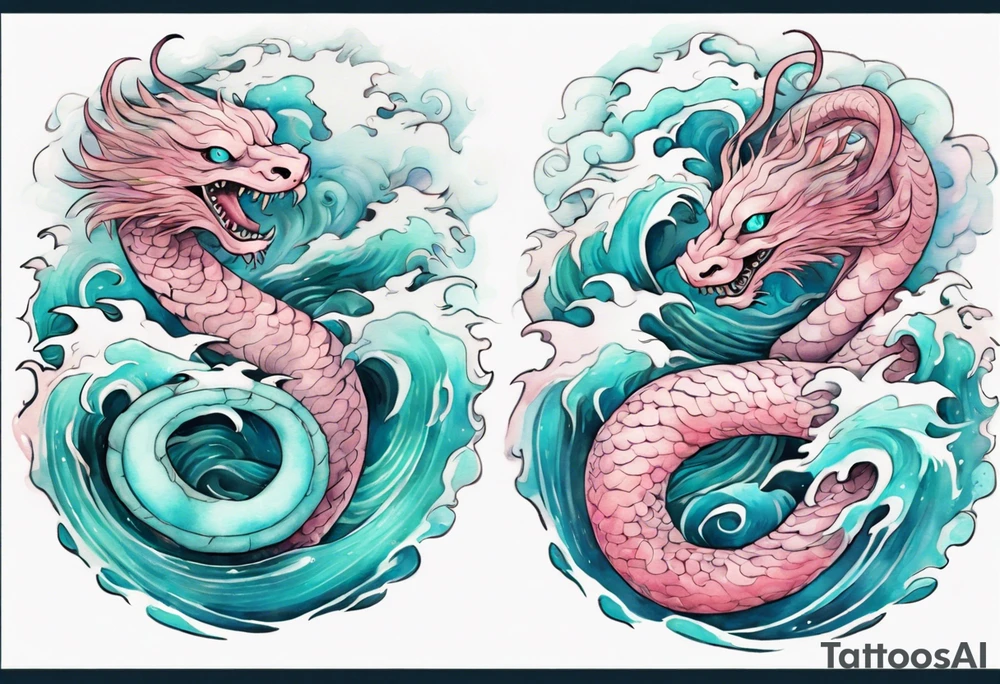 a gentle turquoise and pink Falkor serpent hybrid emerging from the stormy sea tattoo idea