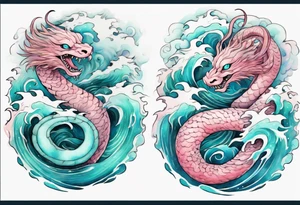 a gentle turquoise and pink Falkor serpent hybrid emerging from the stormy sea tattoo idea