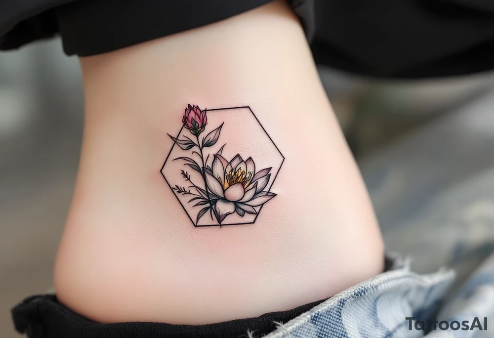 Leo, larkspur and water lily surrounded by a hexagon tattoo idea