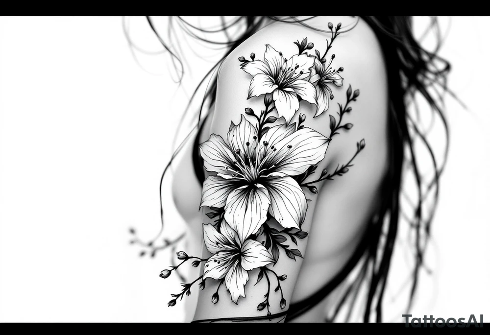 the flower spider lily from demon slayer and add cherry blossoms wrapped around upper arm tattoo idea