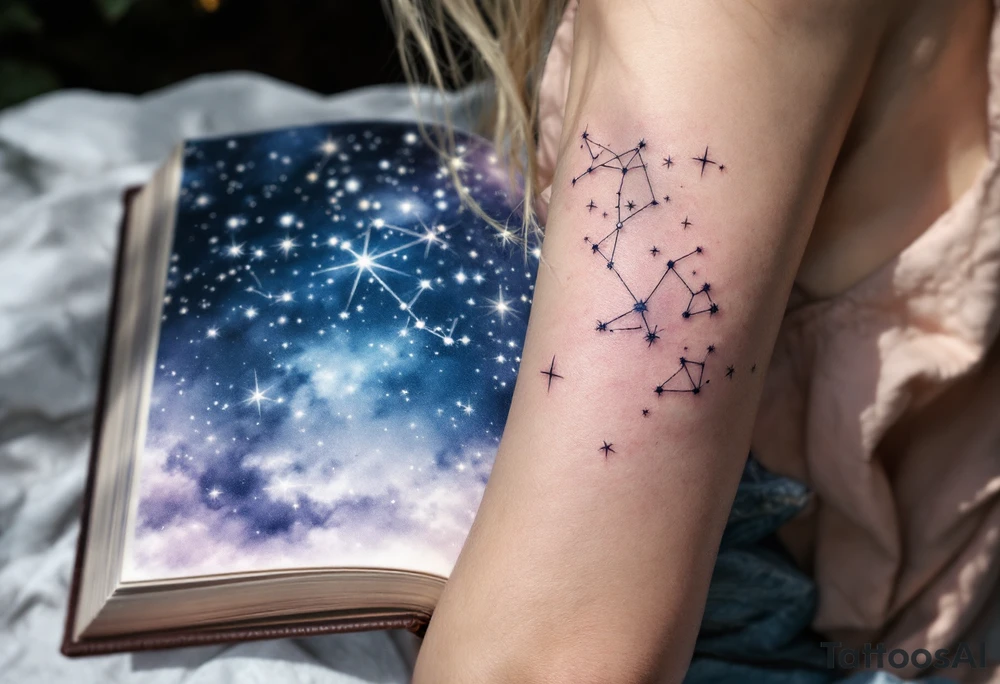 Constellation Pages – A book with constellations forming across its open pages, as if the stars themselves are telling a story. Colors: Midnight blue, silver-white, and soft lavender. tattoo idea