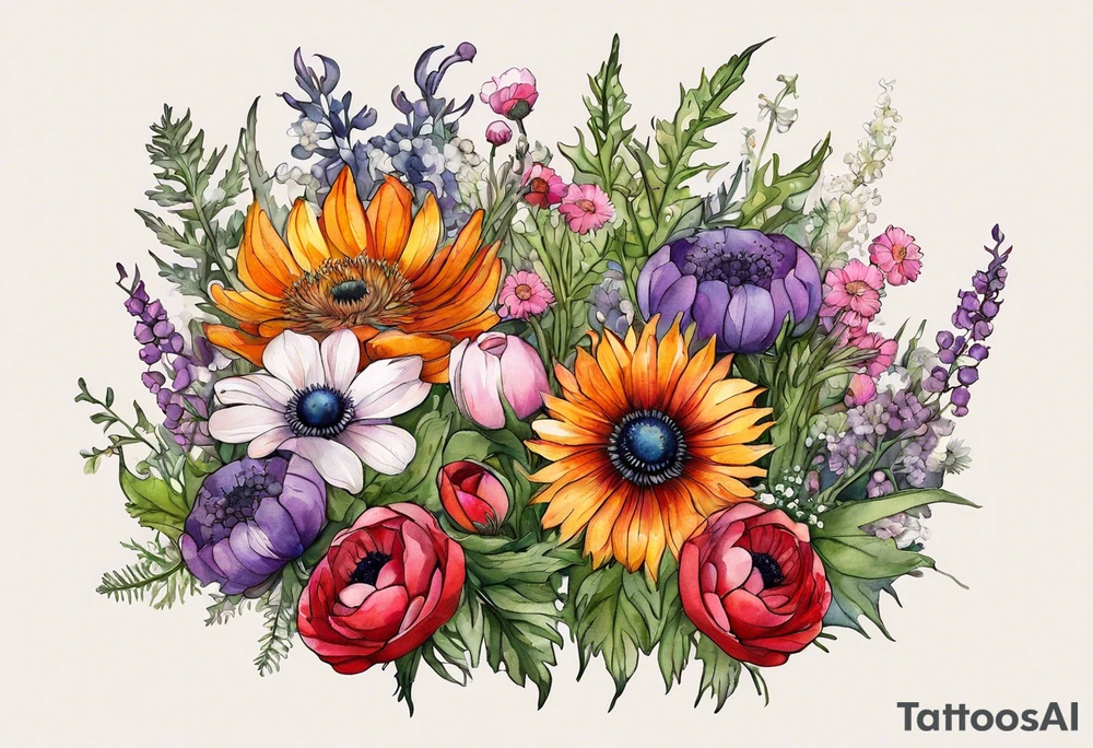 wildflowers with thistles, ferns, ranuculus, white anemones with black center, sun flowers, red flowers, pink flowers, purple flowers, buttercups, babys breath, daisies, and greenery all in watercolor tattoo idea