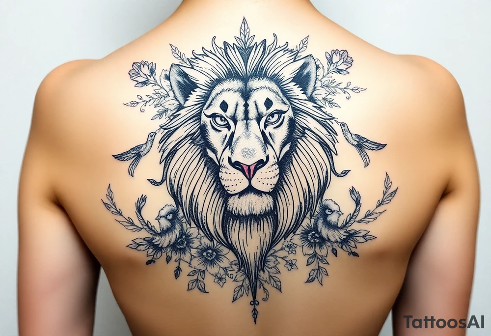 powerful majestic lion with a crown, surrounded by floral ornaments and birds tattoo idea
