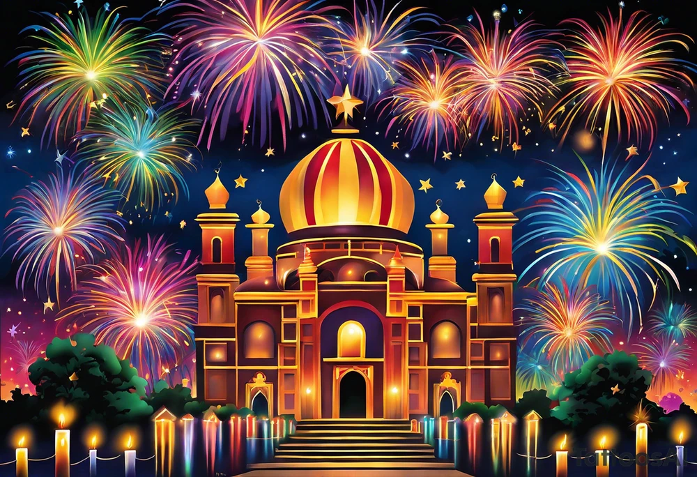 Fireworks burst across the night sky, surrounded by glowing candles and stars, capturing the magic and nostalgia of Colombian December nights. The scene is vibrant with multi-colored lights and an air of celebration. Soft linework mist or halos around the fireworks adds a magical, dreamy quality to the scene. The tattoo reflects joy and tradition, with an emphasis on warmth and festivity. tattoo idea
