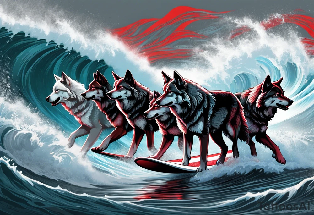 a pack of 3 howling muscular  gray wolves surfing waves with a linear background with red, white and black and gray tattoo idea