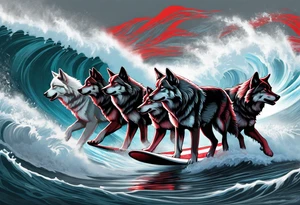 a pack of 3 howling muscular  gray wolves surfing waves with a linear background with red, white and black and gray tattoo idea