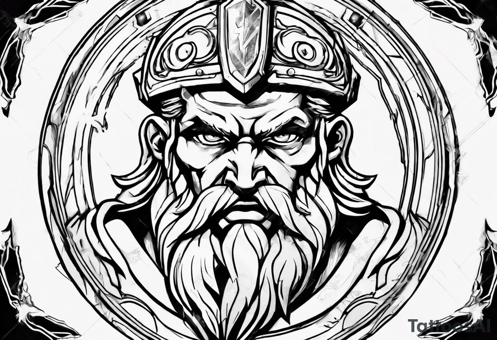 zeus with lightnings coming out of the eyes with spartan shield in background tattoo idea