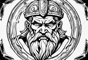 zeus with lightnings coming out of the eyes with spartan shield in background tattoo idea