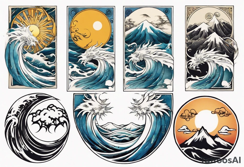 sun and moon in yin yang symbol 
over ocean wave and mountains tattoo idea