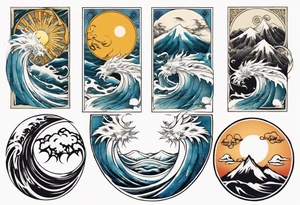 sun and moon in yin yang symbol 
over ocean wave and mountains tattoo idea