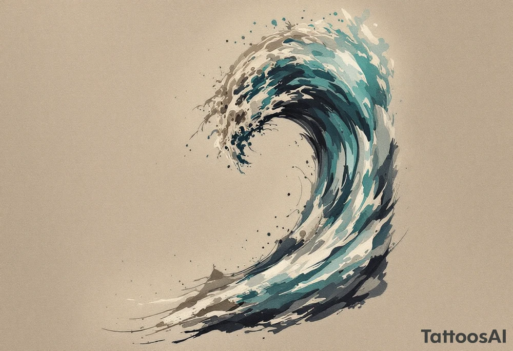 A wave in layered brushstrokes of teal, indigo, and gray mimics a watercolor painting. tattoo idea