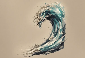 A wave in layered brushstrokes of teal, indigo, and gray mimics a watercolor painting. tattoo idea