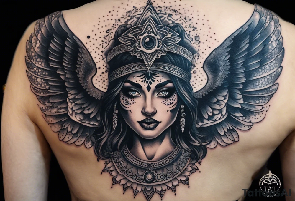black kali, goddess pirate, alien, angel, pachamama, valkrye, warrior, flying, skull, lotus azul, wing, eagle, zenza resonance, stars, 5D, anahata chakra, death, durga, riding on a tiger, flying lady, chest tatoo tattoo idea