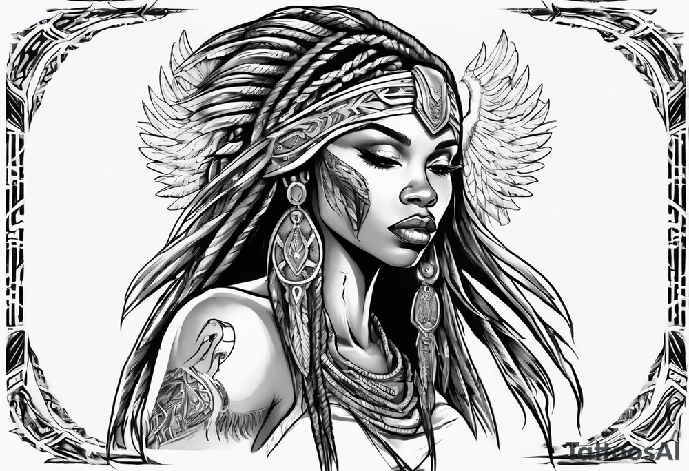 African female valkyre warrior full body angelic
slim long face long braided hair descending from heaven tattoo idea