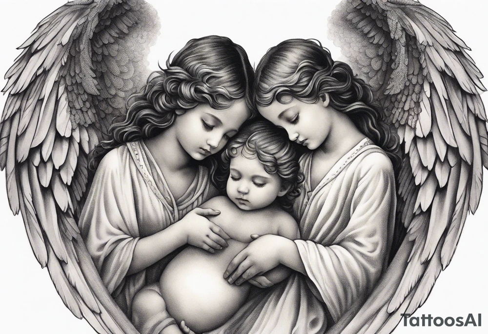 Six angels praying together. two boy angels are standing in the back of the three girl angel, with their wings gently enfolding a baby angel in a protective embrace tattoo idea