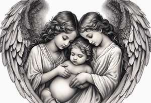 Six angels praying together. two boy angels are standing in the back of the three girl angel, with their wings gently enfolding a baby angel in a protective embrace tattoo idea