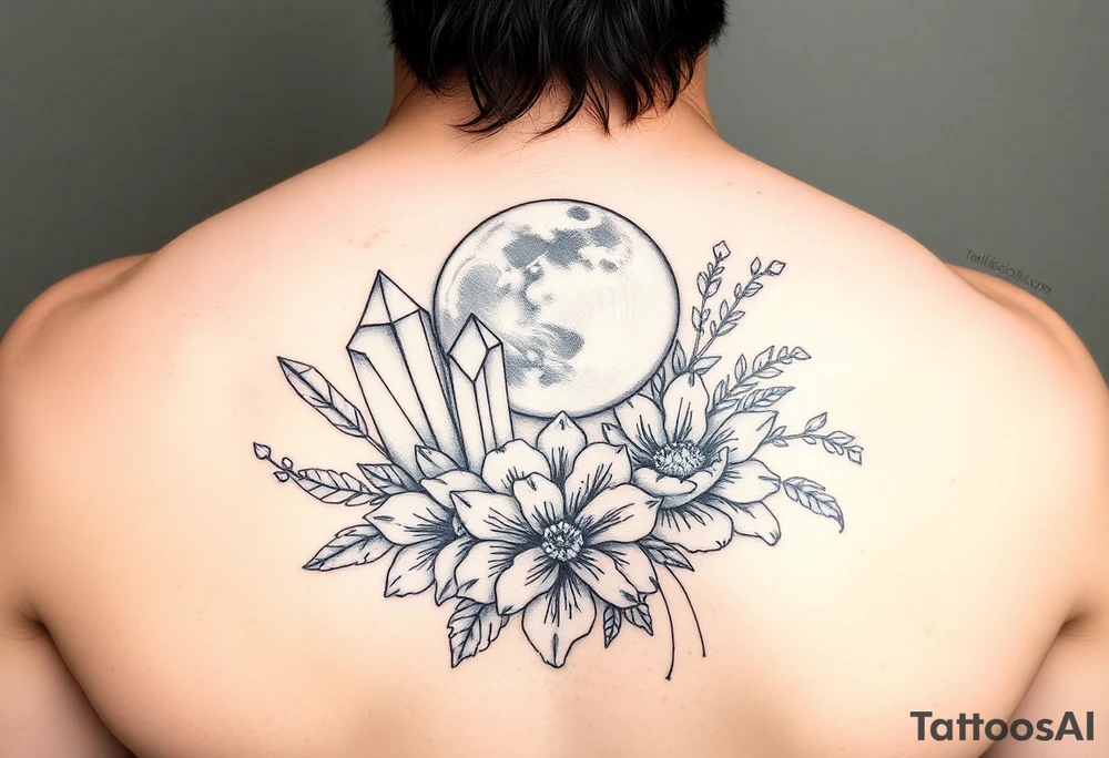 crystals and the moon and flowers tattoo idea