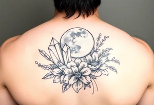 crystals and the moon and flowers tattoo idea