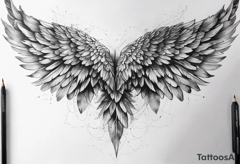 Realistic angel wings extending from a mens shoulders, covering the upper arms and upper back. The feathers are intricately detailed, with soft shading in black and gray to create depth and texture. The wings gently converge in the middle of the back, forming a harmonious and cohesive design. tattoo idea