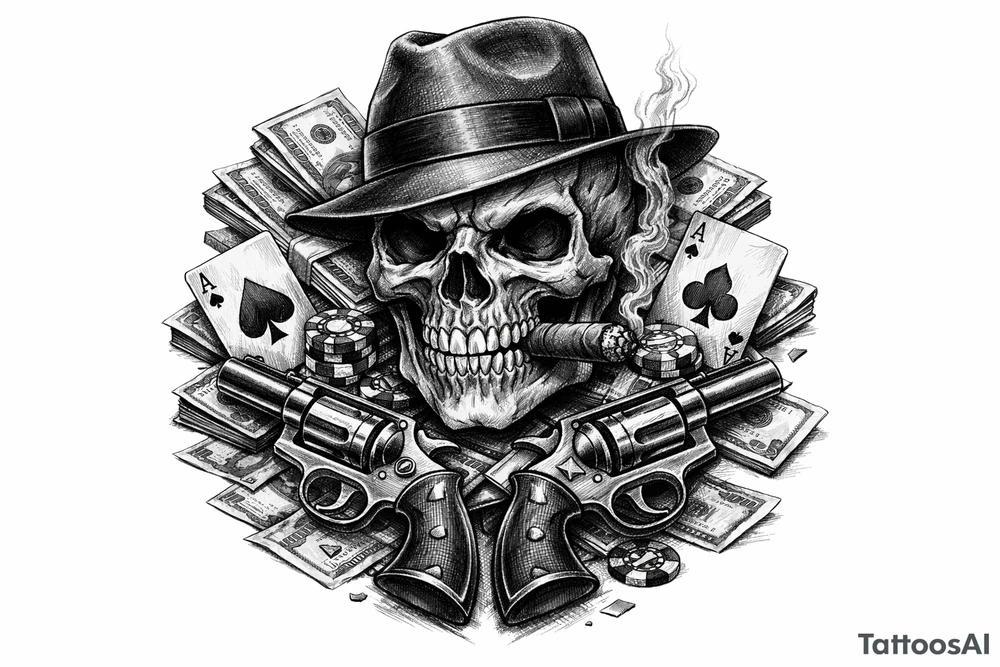 A black and grey skull with a fedora, cigar, and crossed revolvers, with scattered money and cards. tattoo idea