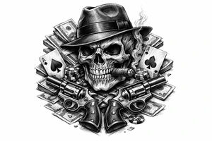 A black and grey skull with a fedora, cigar, and crossed revolvers, with scattered money and cards. tattoo idea