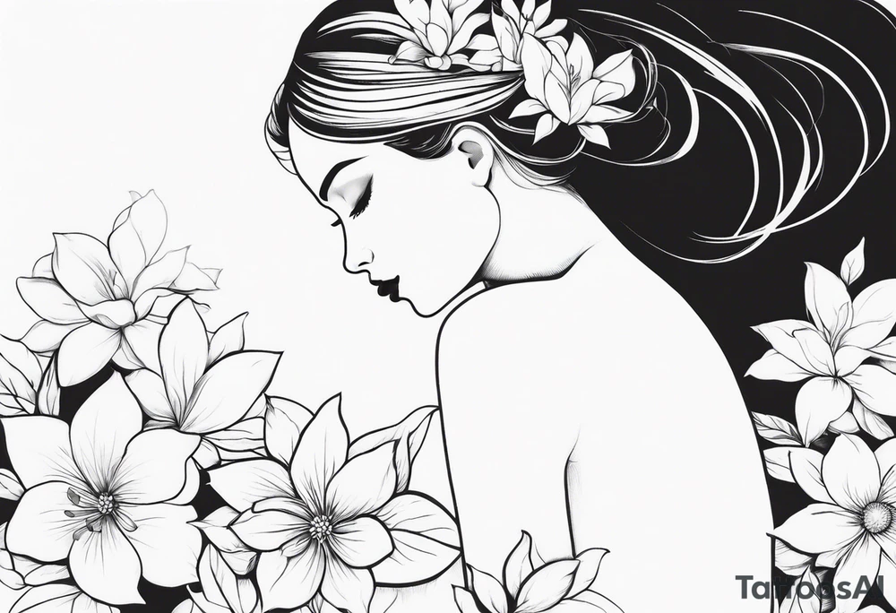 Girl with blooming flower as her head kneeling tattoo idea