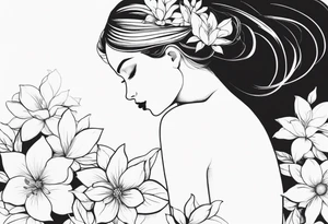 Girl with blooming flower as her head kneeling tattoo idea