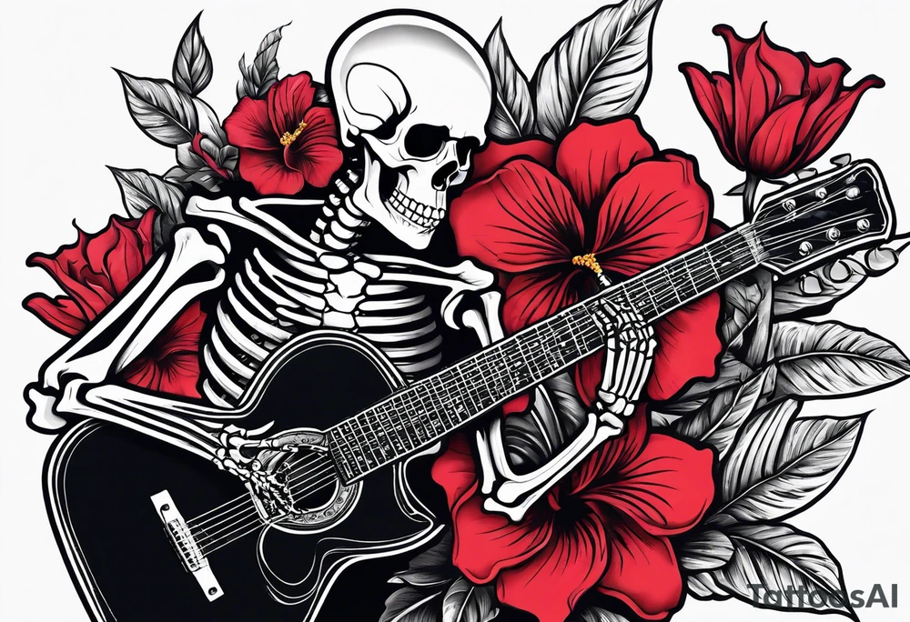 skeleton playing guitar. Hibiscus flower tattoo idea