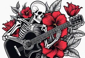 skeleton playing guitar. Hibiscus flower tattoo idea