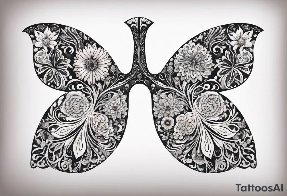 intricate and artistic arrangement of flowers and ornamental patterns that come together to form the shape of human lungs. The design should have a balance of delicacy and detail, with vibrant floral elements seamlessly intertwining to mimic the structure of the lungs, including the bronchi branching into floral motifs. Incorporate subtle shading and depth to give the tattoo a dynamic and organic feel, while maintaining elegance and symmetry, embraced by an octopus and butterflies flying around tattoo idea