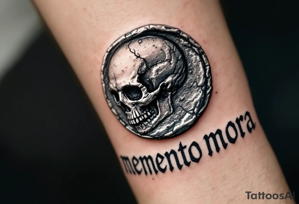 A Roman coin with a skull embossed in silver, the inscription "memento mori" in rough gray Latin lettering beneath it. tattoo idea