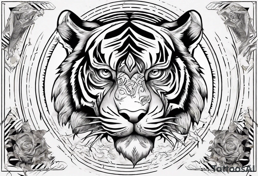 Ancient tiger with lightning and a sun for a forearm sleeve. With patterns surrounding it tattoo idea