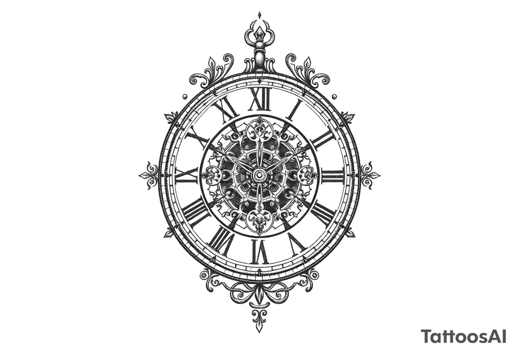 vintage roman numerals within ornate clockwork mechanism tattoo idea