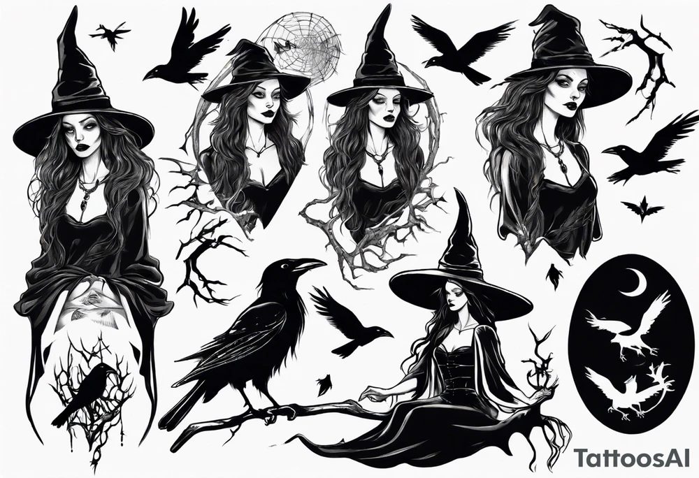 a witch with crows in black and white tattoo idea