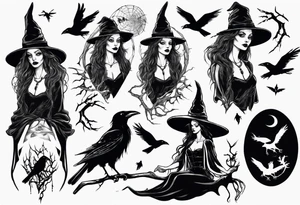 a witch with crows in black and white tattoo idea