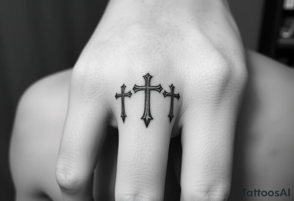 3 crosses side by side to form what looks like a ring on top of the 4th finger. elegant, simple tattoo idea