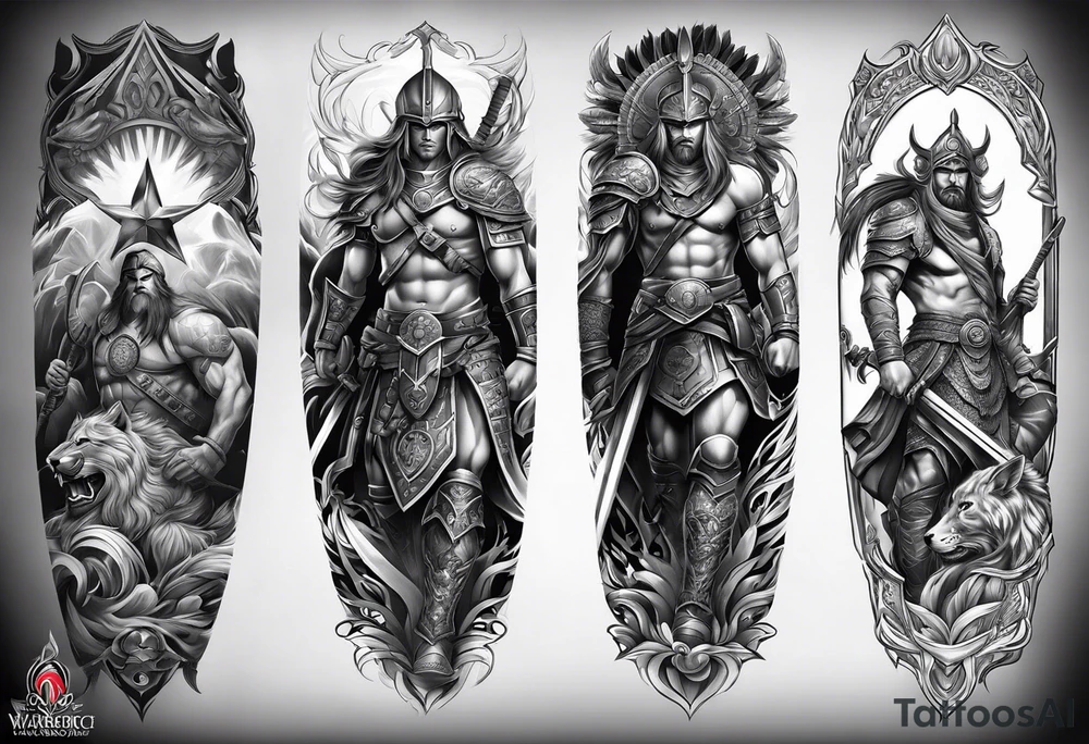 Leg sleeve tattoo of warriors fro
 Different eras tattoo idea