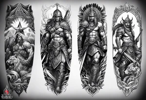 Leg sleeve tattoo of warriors fro
 Different eras tattoo idea