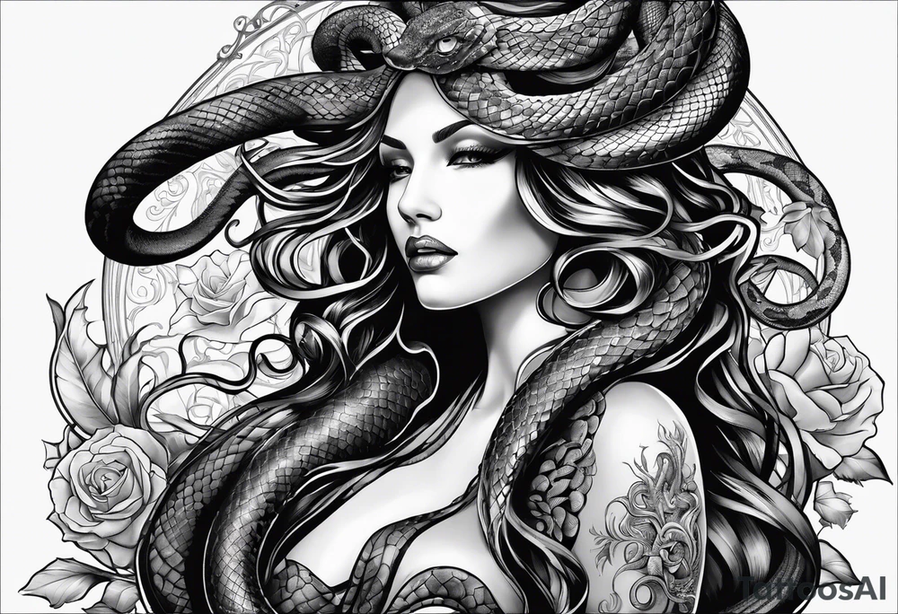 medusa, snakes, with words, SA. tattoo idea