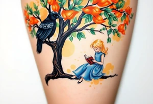 A Raven standing on the branch of an orange tree. A blond little girl wearing a blue dress sitting under the tree while reading a book. The raven is watching her. tattoo idea