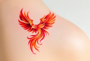 A phoenix reborn from swirling crimson and orange flames, its feathers tipped in glowing white embers, symbolizing resilience and rebirth tattoo idea