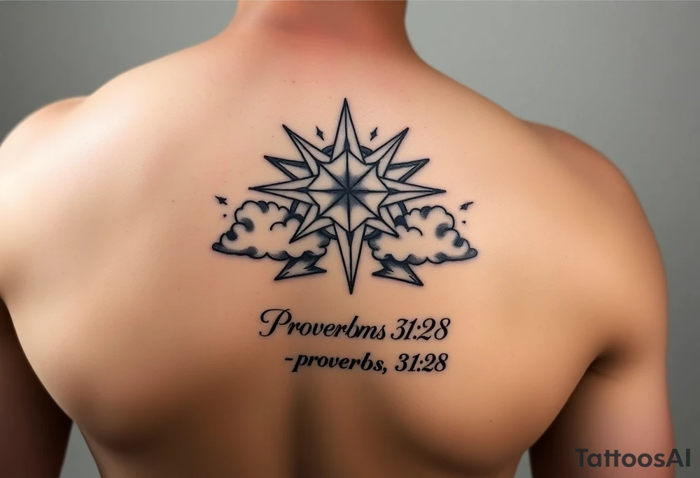 Vadline large print on fore arm hot dog direction hyper realistic star with clouds and subtext underneath is the quote proverbs 31:28 from the bible tattoo idea