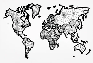 minimalist tattoo, using a single line to draw the extern contour of the world map with the 5 continents, white background tattoo idea