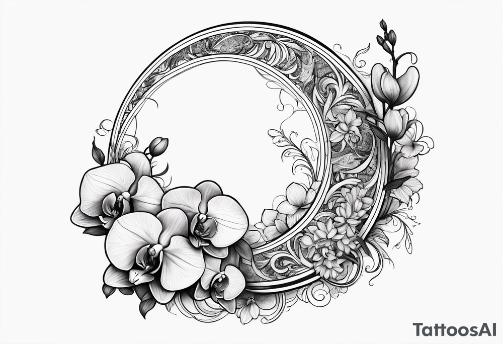 Orchid and crescent moon with Bohemian design tattoo idea