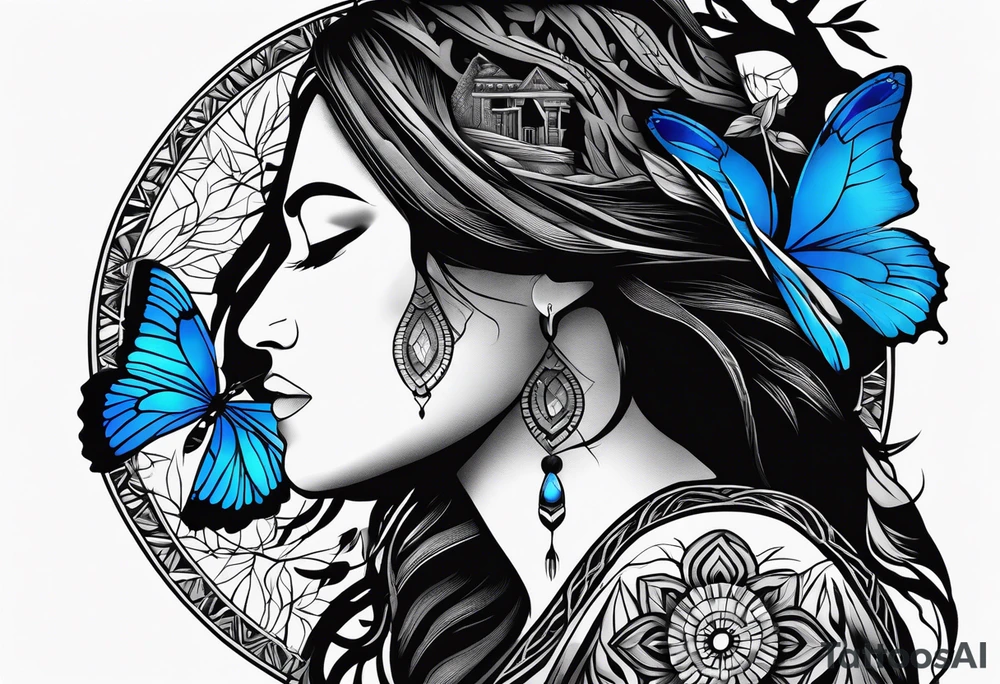 Tree of life with upper left branches framing a native American woman's face as she looks down onto the trees base and a lonely woman kneels there with 1 blue butterfly tattoo idea