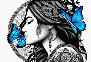 Tree of life with upper left branches framing a native American woman's face as she looks down onto the trees base and a lonely woman kneels there with 1 blue butterfly tattoo idea