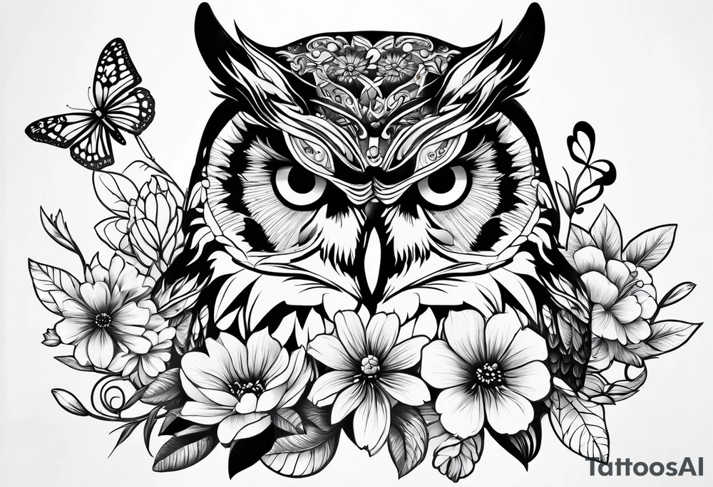 Flowers with butterflies and a owl tattoo idea