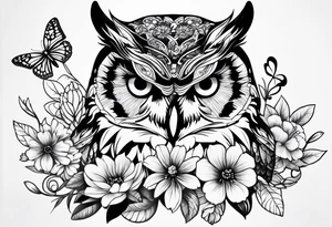 Flowers with butterflies and a owl tattoo idea
