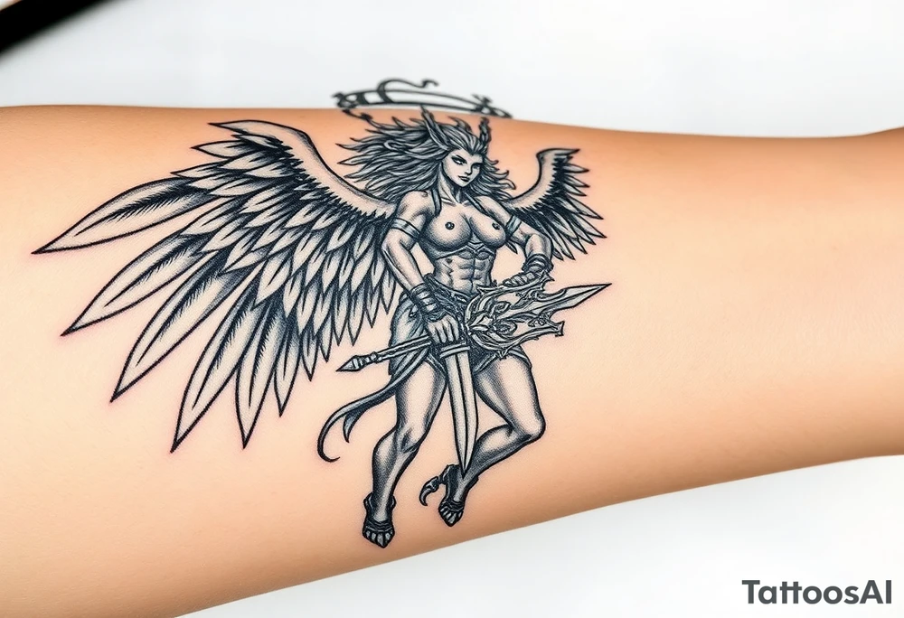 A fierce looking Valkyrie with very big dark wings. The whole body with legs should be visible. 
She's wielding a intricatelly decorated sword and a sturdy tattoo idea