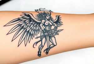 A fierce looking Valkyrie with very big dark wings. The whole body with legs should be visible. 
She's wielding a intricatelly decorated sword and a sturdy tattoo idea